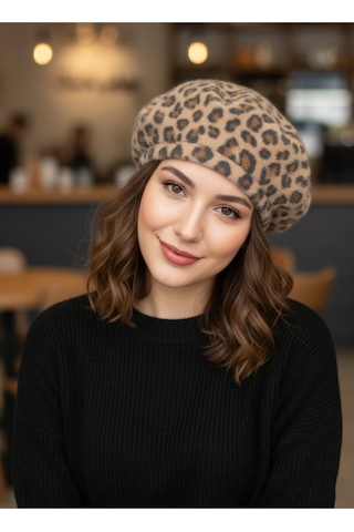 Derikem Fransız Tüylü Peluş Ressam Bere Kadın Şapka Leopar-bej