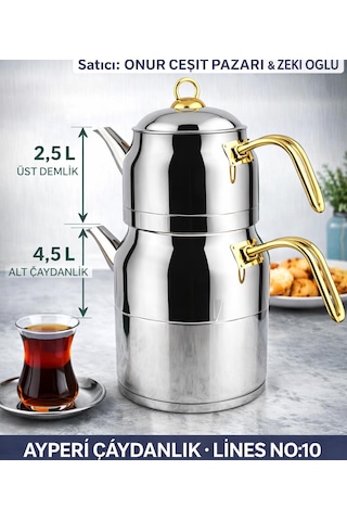 Lines Ayperi L-3040 Mega Boy Çaydanlık No:10 Paslanmaz Çelik Büyük Boy Çaydanlık Takımı 2.5 L + 4.5 L Gold Saplı Krom