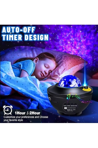 Bluetoothlu Hoparlörlü Müzikli Projektörlü Led Işık Yansıtmalı Çocuk Bebek Odası Gece Lambası Siyah