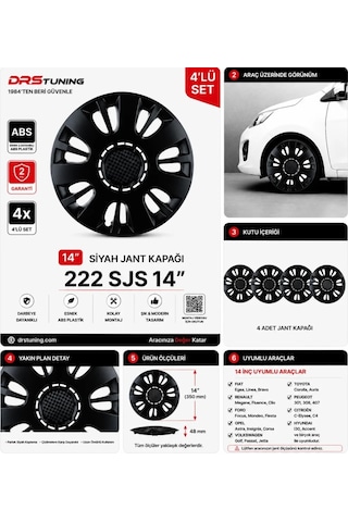Chery Uyumlu 14 Inç Kırılmaz Parlak Siyah Jant Kapağı 1 Takım 4 Adet No:222