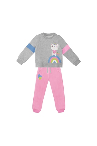 Denokids Rainbow Cat Kız Çocuk Alt-Üst Eşofman Takımı - Gri - Pembe