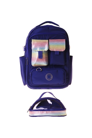 Kaukko Navy Blue Rainbow Kız Çocuk Lacivert - Çok Renkli Okul Sırt Çantası Ve Kalem Çantası Seti - Setkk-k1863c