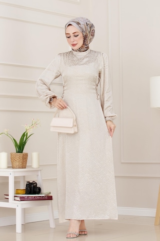 Banu Yanı Bağcıklı Saten Abiye-bej-4951
