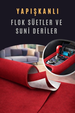 Yapışkanlı Flok Süet Suni Deri 100 X 150 -kırmızı Kırmızı