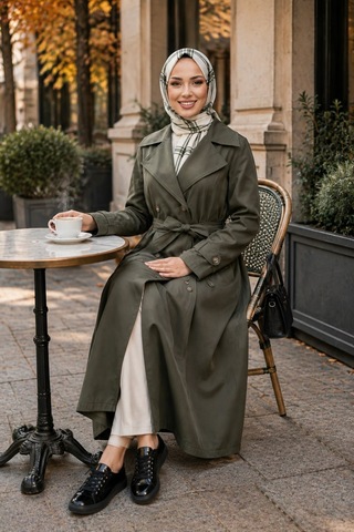 Hb Harma Time Butik Kadın Çift Düğmeli Kuşaklı Astarlı Bondit Haki Trençkot