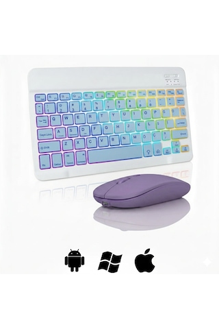 Microcase Rgb Tablet Ve Telefonlar İçin Türkçe Bluetooth Klavye Ve Mouse Set - Al7815 Mor
