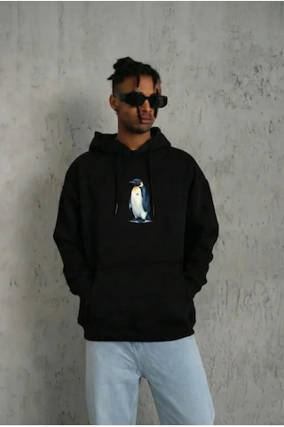 Vexor Siyah Oversize Hoodie - Sırt Baskılı Survivor Penguin Temalı, Felsefi Yazılı Kapüşonlu Sweatsh