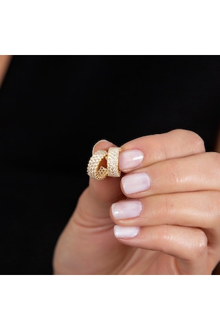 Gümüşhediyeal Zirkon Taşlı Yarım Tur Gold Renk 925 Ayar Gümüş Kadın Küpe