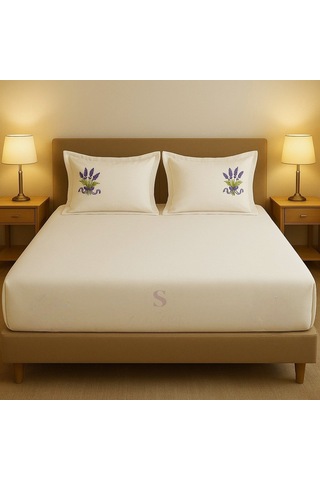 Shules Collection Buldan Keteni Lavanta Nakışlı Çift Kişilik Çarşaf+yastık Seti %100 Pamuk Bej