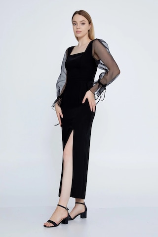 Doridorca Kadın Kare Yaka Kolları Tül Midi Abiye Elbise 6039 Siyah Siyah