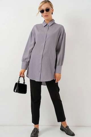 Defymoda Çizgili Uzun Gömlek Tunik 5963 - Gri Gri