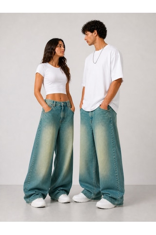 St.poll Eskitme Yeşil Efekt Vintage Yıkama Unisex Baggy Jeans Pantolon Mavi Yeşil