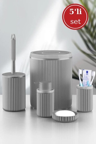 Flora 5 Parça Banyo Seti Çöp Kovası 6 Lt, Wc Fırça, Sıvı Sabunluk, Katı Sabunluk, Diş Fırçalık Gri