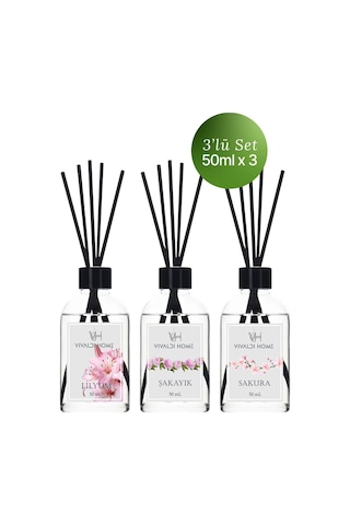 Vivaldi Home Lilyum + Şakayık + Sakura Çubuklu Oda Kokusu Esansiyel Uçucu Yağ 3 x 50 ML