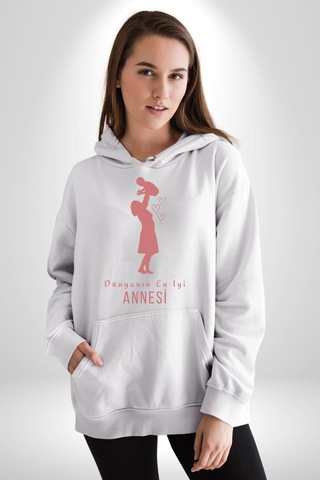 Anneler Günü Dünyanın En İyi Annesi Kadın Erkek Beyaz Kapüşonlu Sweatshirt Hoodie Beyaz