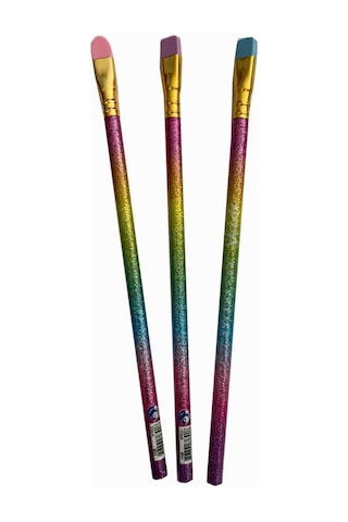 Silgi Başlıklı Kurşun Kalem 3 Adet Simli Ve Gold Makyaj Fırçası Görünümlü Kurşun Kalem Soft Renklerde Silgi