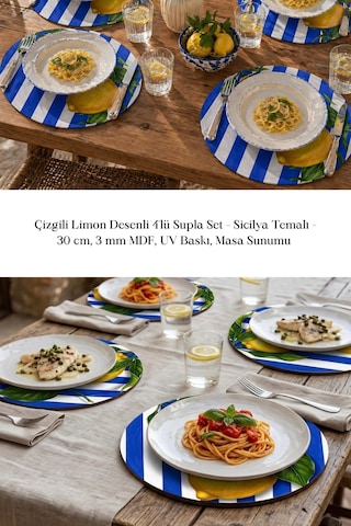 Çizgili Limon Desenli 4lü Supla Set 30 Cm Mdf Uv Baskı Çok Renkli