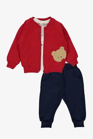 Ayıcık Nakışlı 3 Parça İkiiplik Kumaş Erkek Bebek Hırkalı Takım Mnk14142 Kırmızı