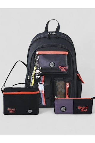 Muggle 2214 İthal Ürün Üst Kalite Unisex Çocuk Üçlü Set İlkokul Sırt Çantası Siyah
