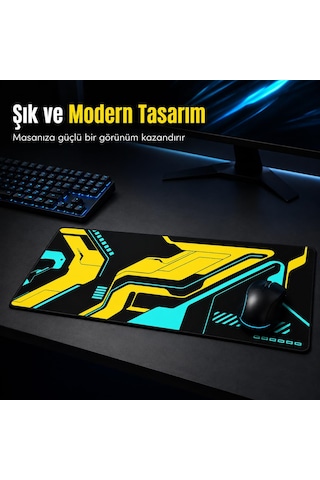 Mcstorey 90x40 Cm Mouse Pad, Cyber Sarı Turkuaz Desenli Büyük Mou