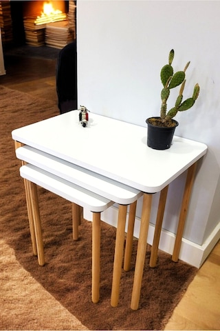 Doğal Ahşap Ayaklı 3'lü Zigon Sehpa Seti Beyaz