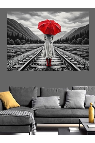 Kırmızı Şemsiyeli Kadın Siyah Beyaz Tren Yol Dekoratif Kanvas - Mdf Ahşap Tablo