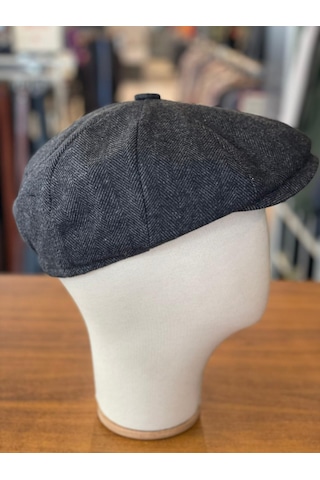 Peaky Blinders Tarz İngiliz Model Balıksırtı Desen Kaşe Kumaş Kasket Şapka Siyah