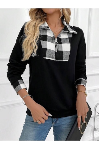 Reka Moda Kadın Uzun Kollu Yakalı Önden Fermuarlı Ekose Detaylı Viskon Iki Iplik Bluz Siyah