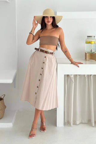 Kemerli Boydan Düğmeli Keten Etek Krem Krem