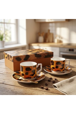 2'li Porselen Kahve Fincanı Takımı - 100 Cc Leopar Desenli Altın Yaldızlı Premium Türk Kahvesi Ve Espresso Fincan Diğer