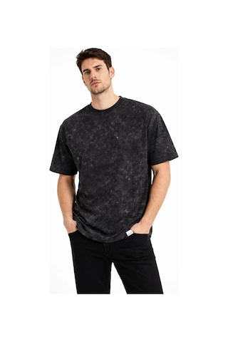 Vexor Erkek Asit Yıkama Bisiklet Yaka Kısa Kollu Oversize T-shirt Tişört - Siyah