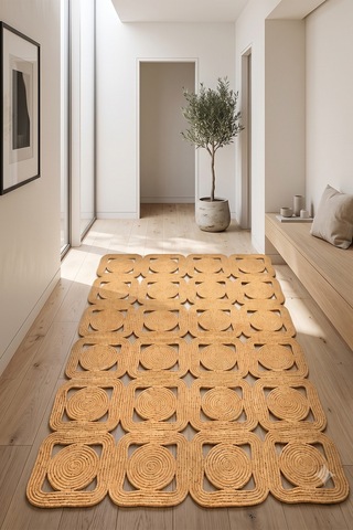 Jüt Hasır Kare Kilim Dekoratif Halı Yolluk Doğal Görünümlü Bohem Modern Ev Dekorasyonu Salon Oturma Mutfak Balkon Çocuk Odası 160kırçıllıhasır