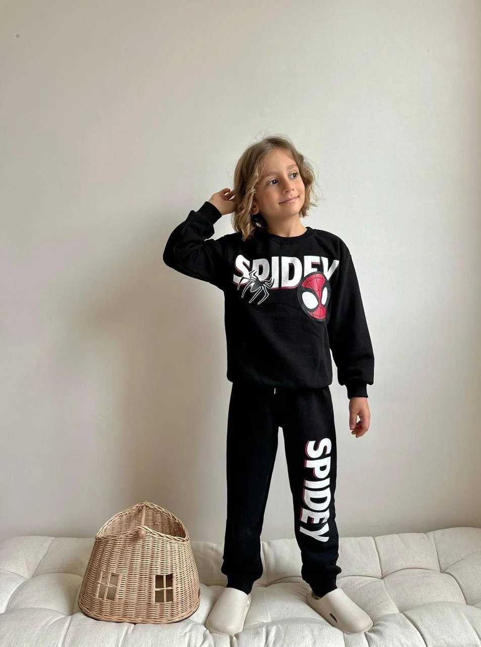 Miniko Kids Erkek Çocuk Spiderman Baskılı 3 İplik Şardonlu Eşofman Takımı Siyah