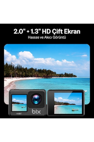 Bix Pulse 1 Wi-fi 4k 30fps Ultra Hd Aksiyon Kamerası Çift Ekranlı 30 Metre Su Geçirmez Kılıflı Vlog Bisiklet Motosiklet Kask Kamerası Siyah