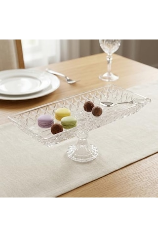 Kafes Model El Yapımı Ayaklı Cam Sunumluk - Dikdörtgen Şeffaf Dekoratif Servis Ve Meyve Tabağı 39x15 Cm 15cm