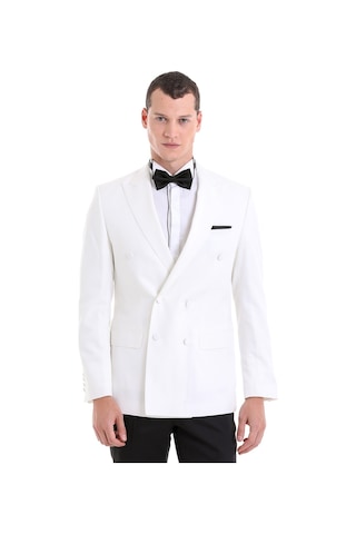 Hatemoğlu Beyaz Slim Fit Düz Sivri Yaka Klasik Kruvaze Smokin Damatlık Beyaz