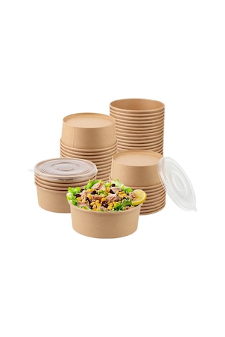 Omeyva Yuvarlak Şeffaf Kapaklı Kağıt Karton Kraft Salata Yemek Kabı Kase- 20 Oz - 590 Ml. - 30 Adet