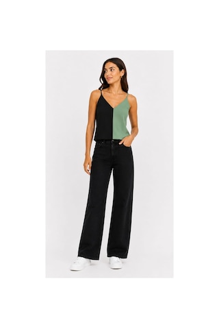 Onno Style Women Kolsuz Askılı V Yaka Triko Kadın Bluz Yeşil - Siyah