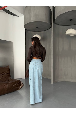 Ön Yırtmaçlı Cepli Uzun Denim Etek ÇoK Renkli