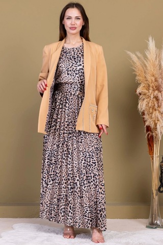 Leopar Desenli Ceketli Üçlü Takım 4715-camel Camel