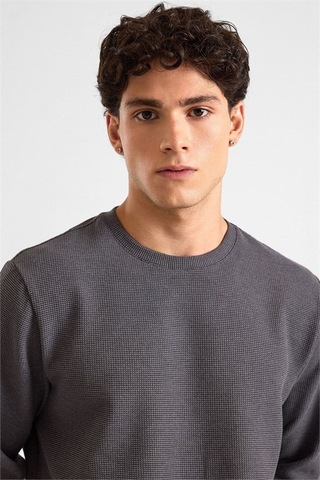 Süvari Gri Regular Melanjlı Baskısız Waffle Bisiklet Yaka Cepsiz Düz Sweatshirt Sw2013700027-s05