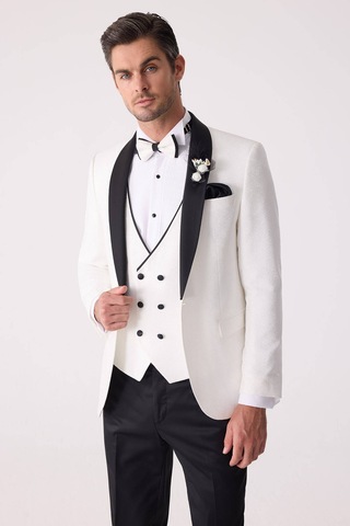 Ysf Erkek Beyaz Damatlık Slim Fit Kırlangıç Yaka Desenli