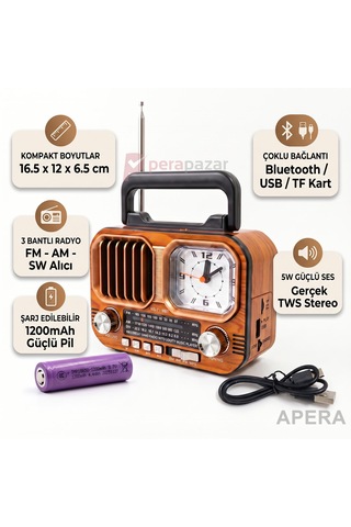 Nns Ns-7116bt Nostaljik Ahşap Görünümlü Bluetooth Radyo Saatli 1200mah Şarjlı Kamp Ve Ev Tipi Müzik Çalar Kahve