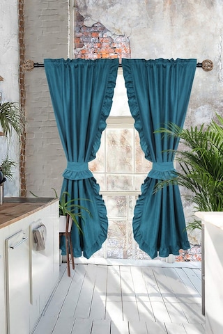 Poli Perde Çift Kanat Dikey Fırfırlı Petrol Yeşili