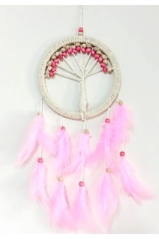 Pembe Kuş Tüylü Hayat Ağacı Düş Kapanı Dream Catcher Duvar Süsü
