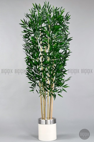 Biçiçek Yapay Bambu Ağacı 170cm Krem Silver Metal Saksıda