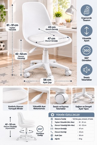 Beyaz Ergonomik Çalışma Sandalyesi Yükseklik Ayarlı, 360 Döner, Minderli Ve Tekerlekli Çocuk Genç Odası Sandalyesi