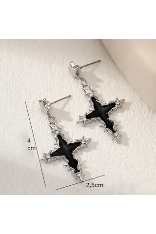 Dükkan Design Black Star Cross Yıldızlı Haç Küpe Siyah - Gümüş