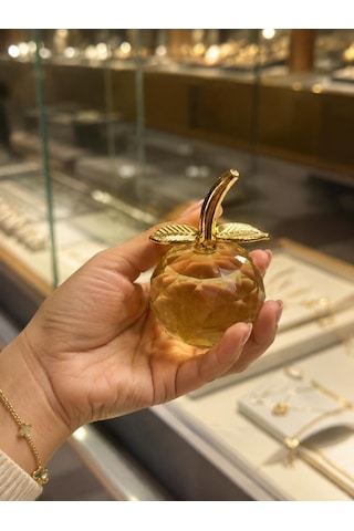 Sarı Kristal Elma Biblo Orta Boy 8.5 Cm Dekoratif Cam Elma Süsü Gold Yapraklı
