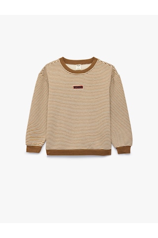 Koton Etiket Detaylı Şardonlu Bisiklet Yaka Uzun Kollu Oversize Çizgili Sweatshirt Kahverengi Çizgili 7wmb10126tk